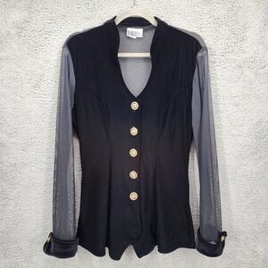 Vintage Tower USA Womens Large Velvet Sheer Sleeve Gold Button Career Top Blouse